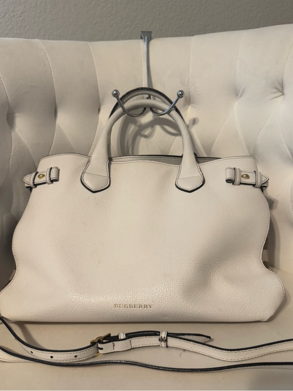 Burberry Cream Pebbled Leather Satchel with Gold-Tone Hardware